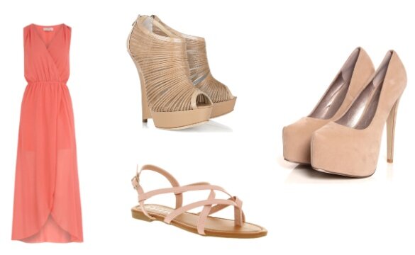 Персиковое длинное платье Сандалии Jimmy Choo Бежевые босоножки Chameleon Туфли на высоком каблуке Ariella